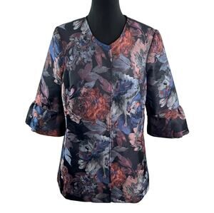 3 Sisters Multi Jacket Floral V-Neck Button Front Ruffle 3/4 Sleeve Size Large L